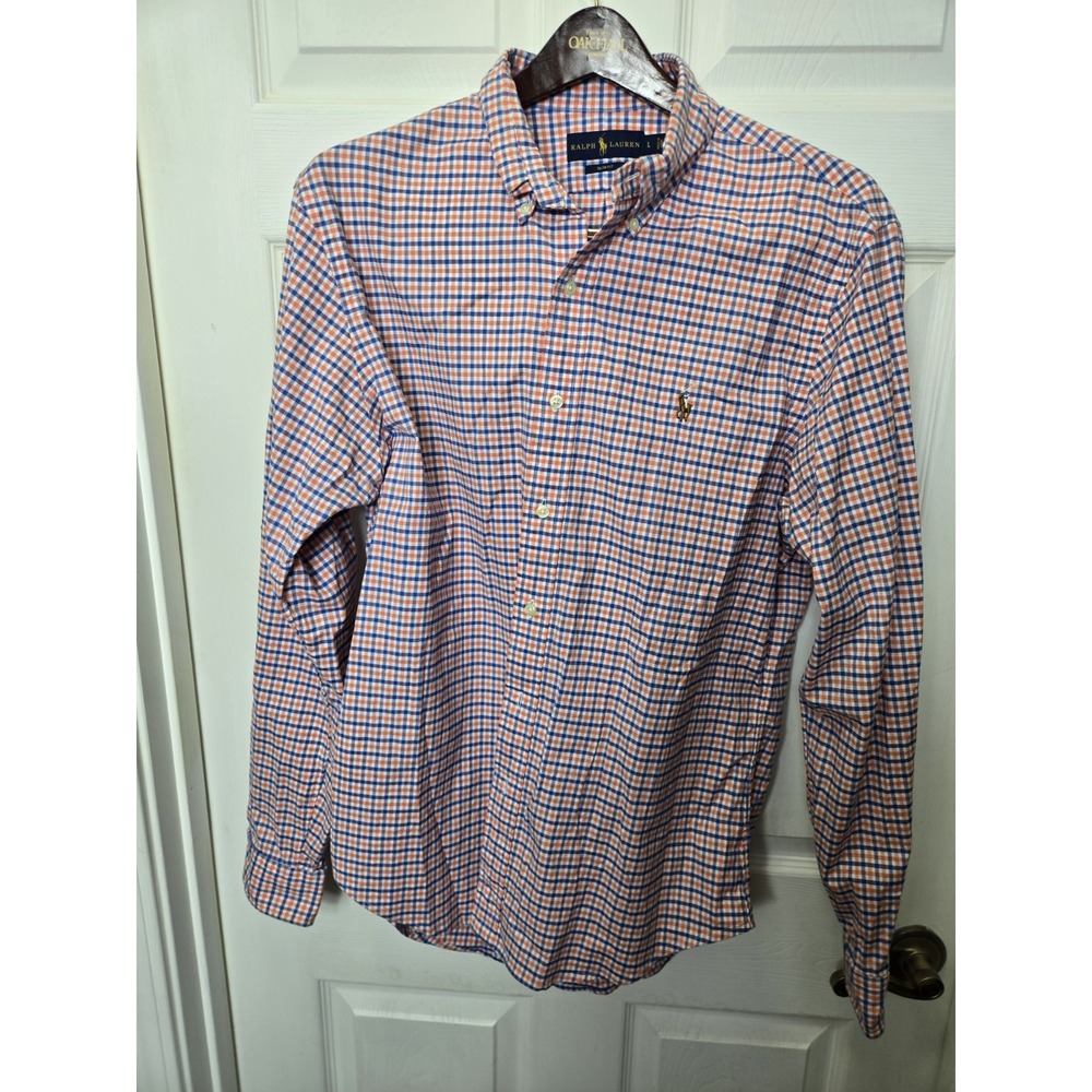 Polo Ralph Lauren OXFORD Shirt Mens L Flesh Pony Slim Fit Long Sleeve Orange Blu